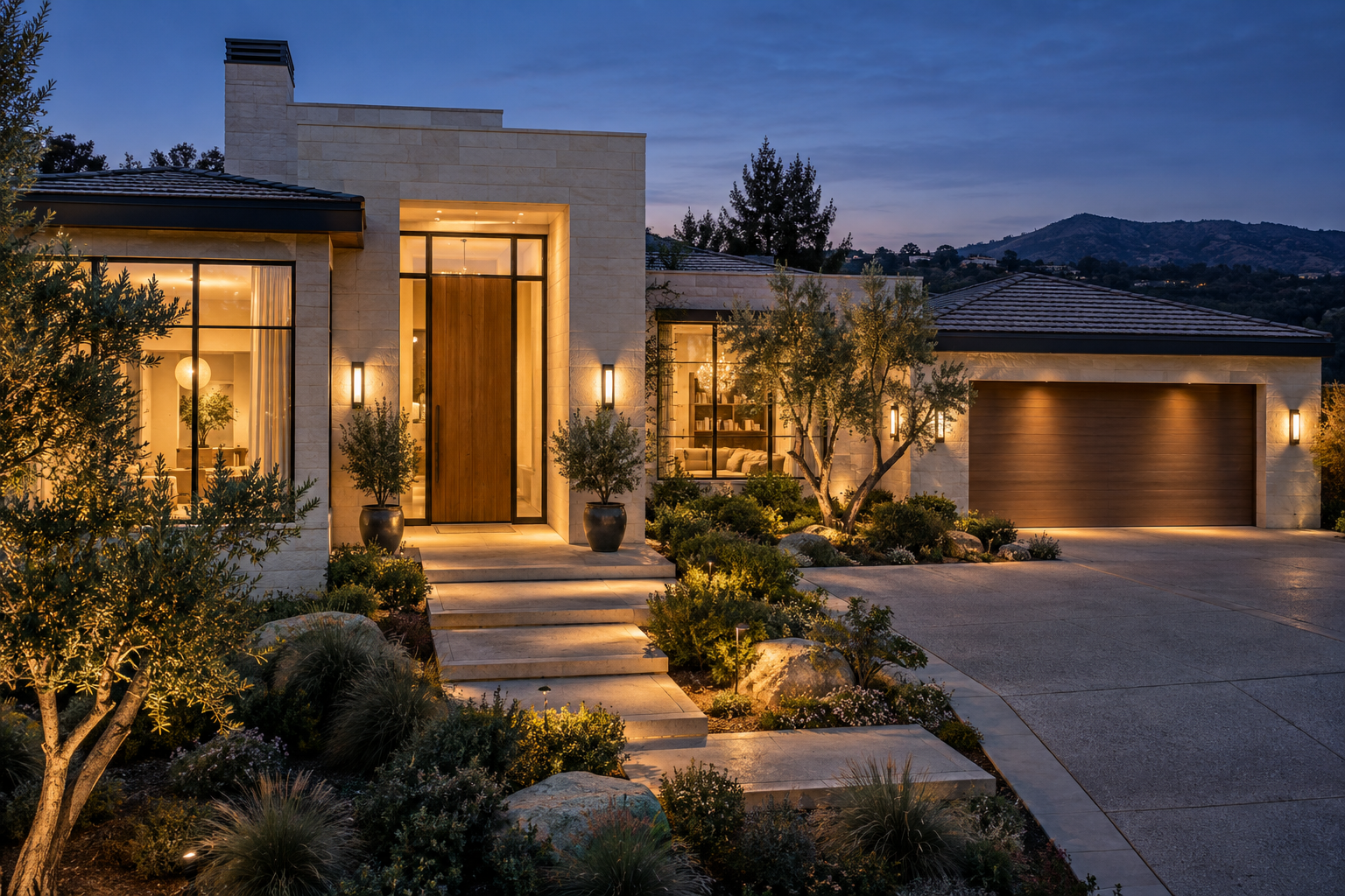 A warmly lit contemporary home at dusk